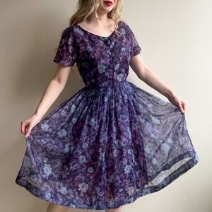 Vintage 1950s Deep Purple Floral Chiffon Party Dress (M)
